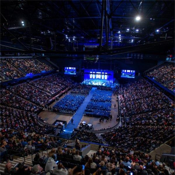 A wide shot of Van Andel Arena during Grand Valley's Commencement.